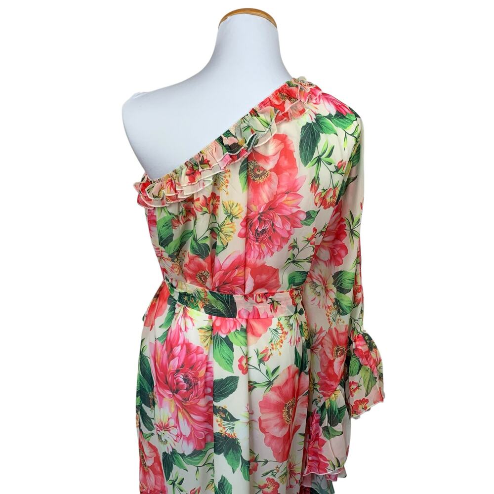 Dalia MacPhee Dress One Shoulder Ruffle Floral Maxi Pink Multi Belted Women's S - Picture 8 of 10